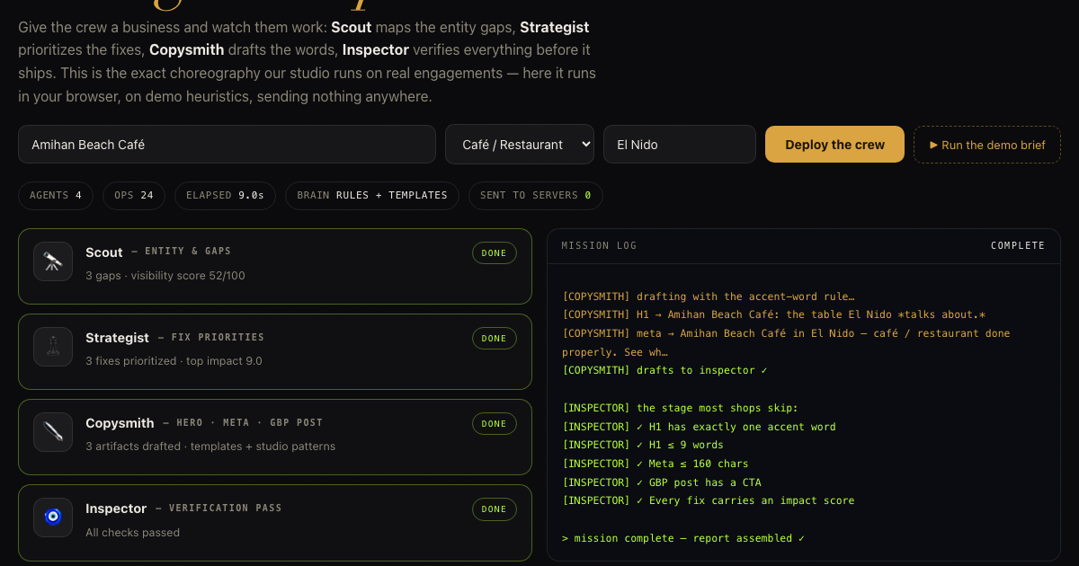 The Crew — mission control with four AI agents completing a growth plan, live log and report