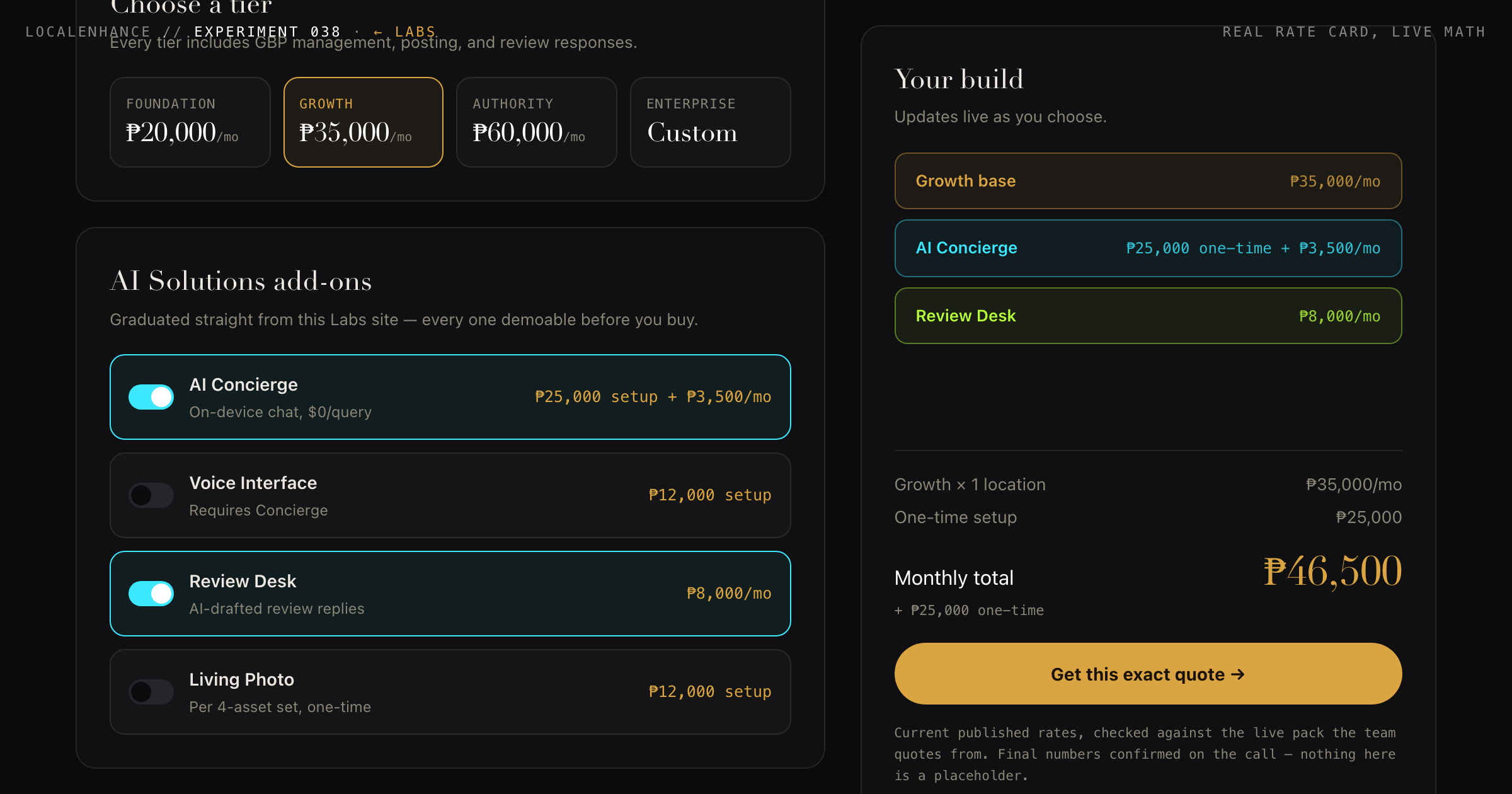 The Configurator — a live-priced package builder using LocalEnhance's real current rate card, tier plus AI add-ons plus locations