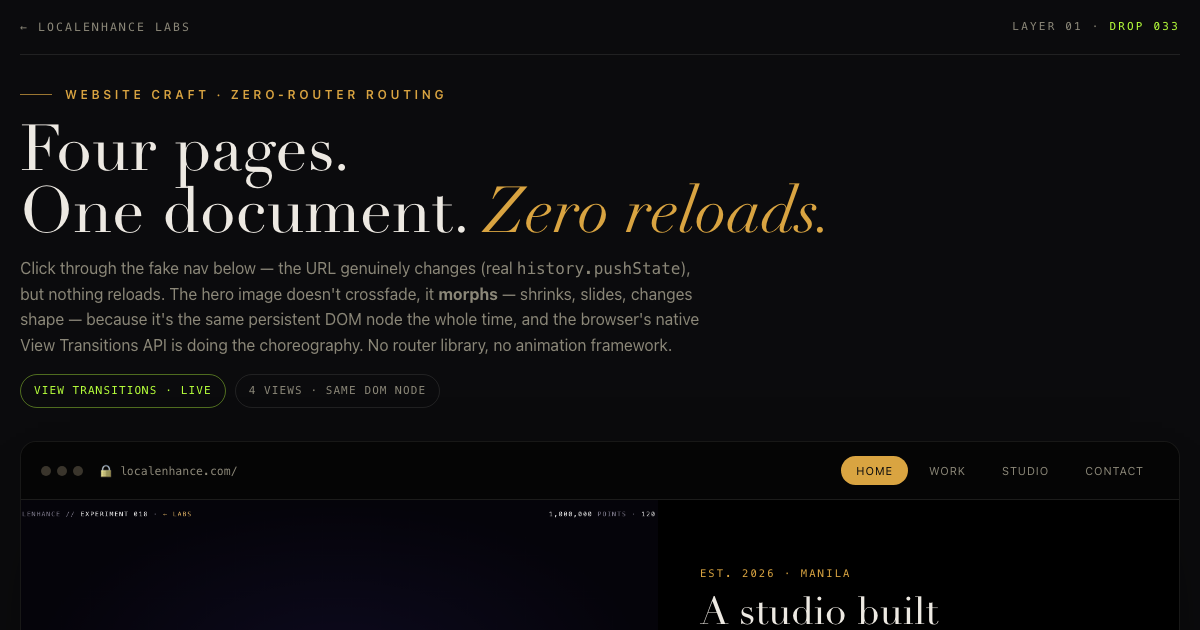 The Continuous Page — four pages, one document, zero reloads, hero image morphs between views