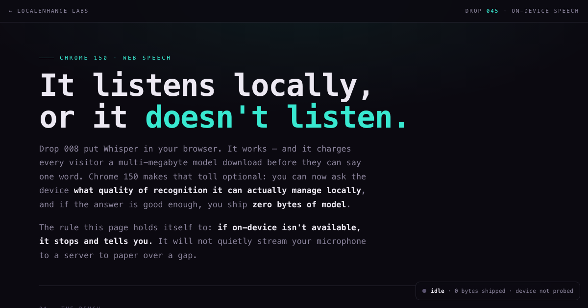 EARSHOT — an on-device speech recogniser showing quality tiers and a live transcript, with a badge reading zero bytes shipped