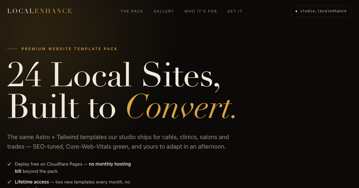Editorial Noir — giant Didone serif headline on warm black with brass accent