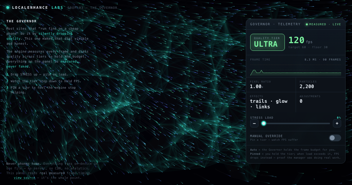 The Governor — a live telemetry panel reading quality tier, FPS and frame time over an adaptive particle constellation