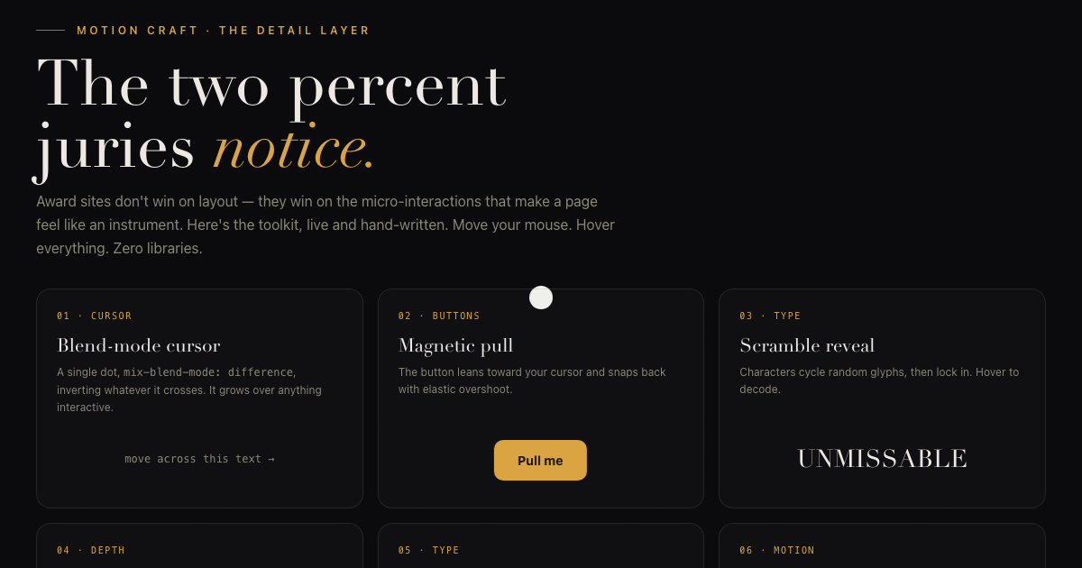 The Playground — a grid of award-tier micro-interaction demos with a blend-mode cursor