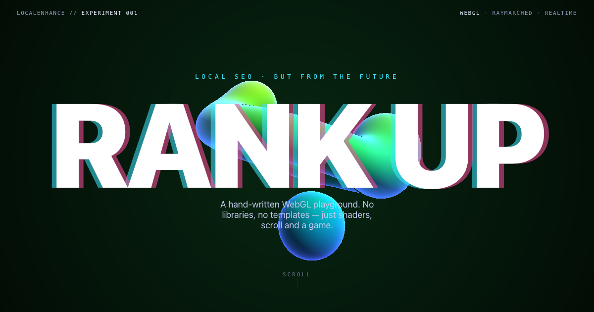 RANK UP — raymarched metaballs behind chromatic display type