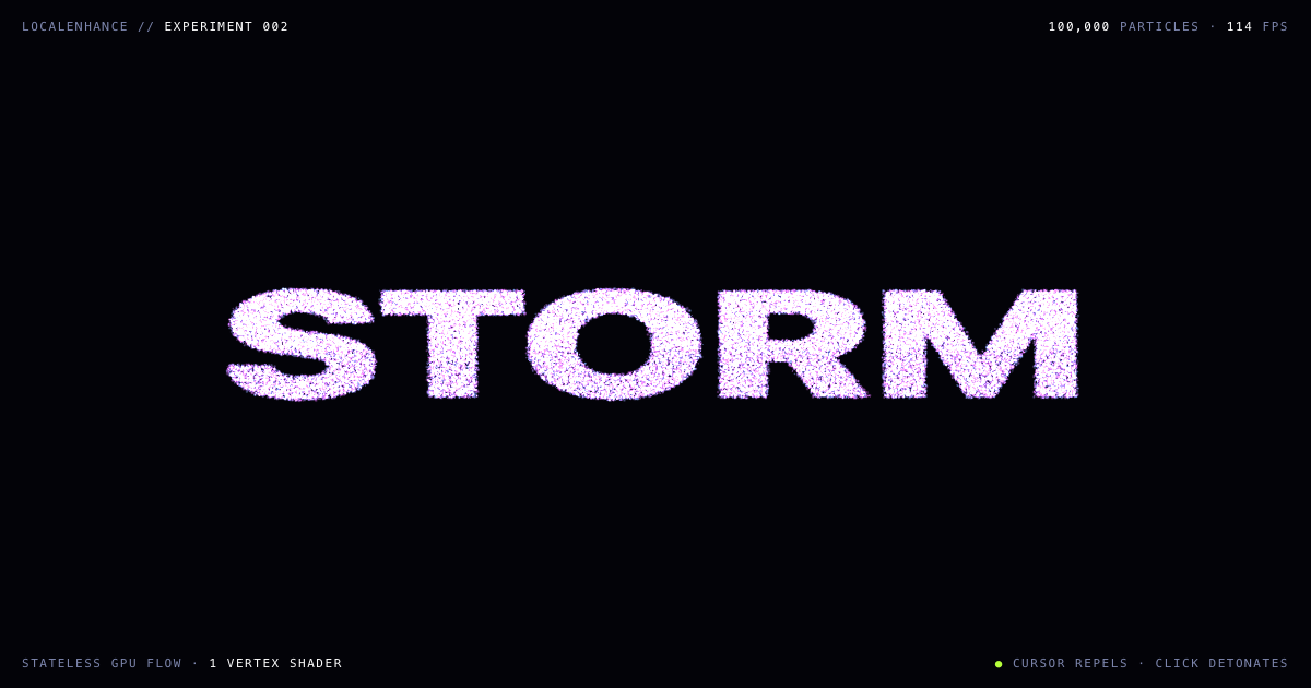 STORM — the word formed by one hundred thousand glowing particles
