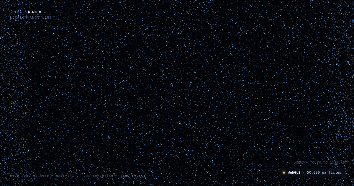 The Swarm — one million particles on a WebGPU compute shader, gathering into the word SWARM before scattering into a living cloud