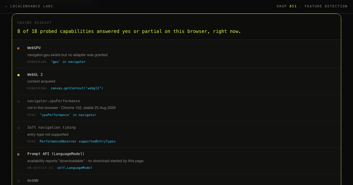 The Badge — a live engine readout listing web platform capabilities with pass, partial and gated markers beside the probe used for each