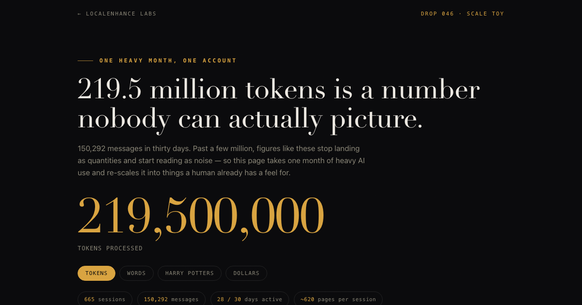 The Tab — a dark receipt-styled page showing 219,500,000 tokens itemized on a printed usage slip, with toggles converting the total into words, Harry Potters and dollars