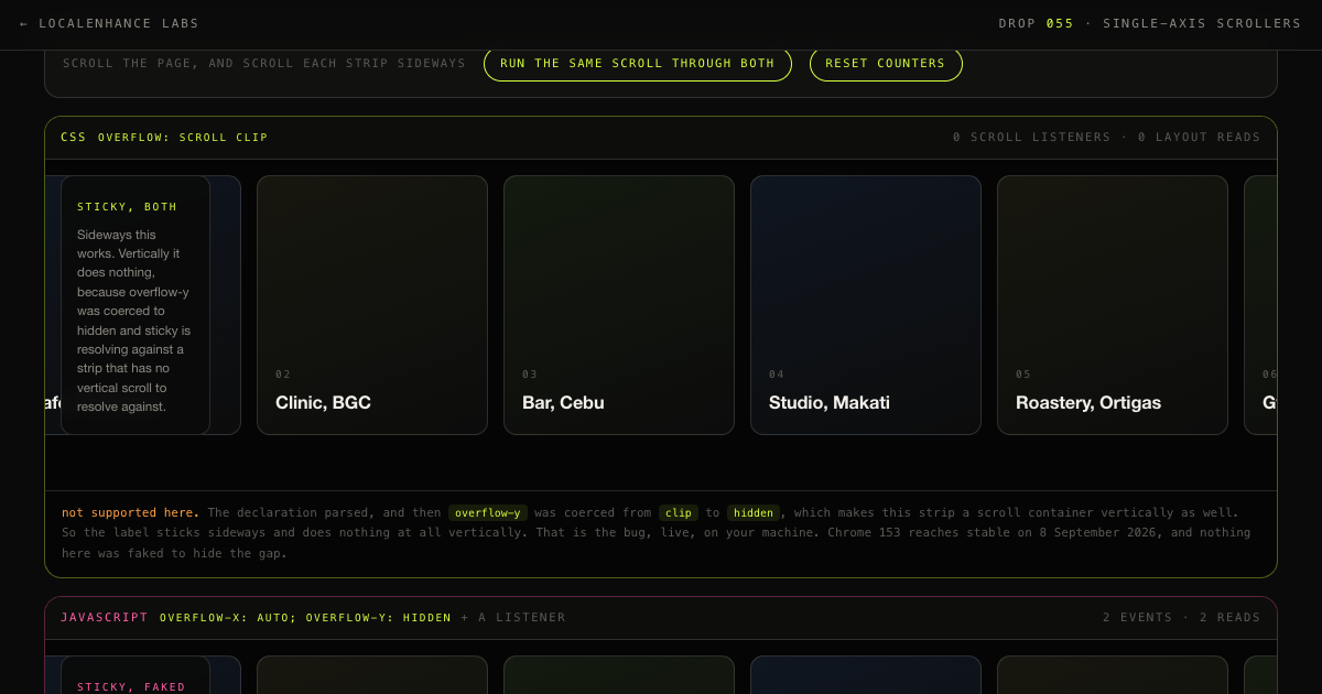 Two Axes — a horizontal case-study strip with a pinned column label, shown twice, once in CSS and once with the JavaScript workaround counting its own scroll events