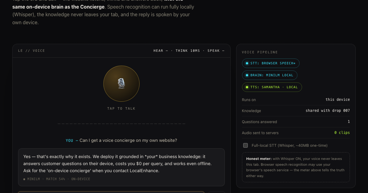 The Voice — talk-to-the-website stage with mic orb, waveform and honest engine badges