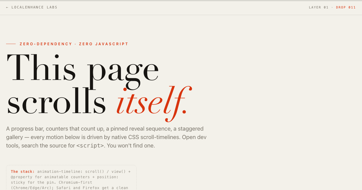 ZERO.JS — an editorial red-on-cream scrollytelling page with zero script tags